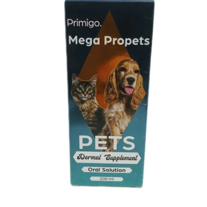 A 200ml box of Primigo Mega Propets Dermal Supplement, an oral solution formulated for the skin and coat health of dogs and cats.