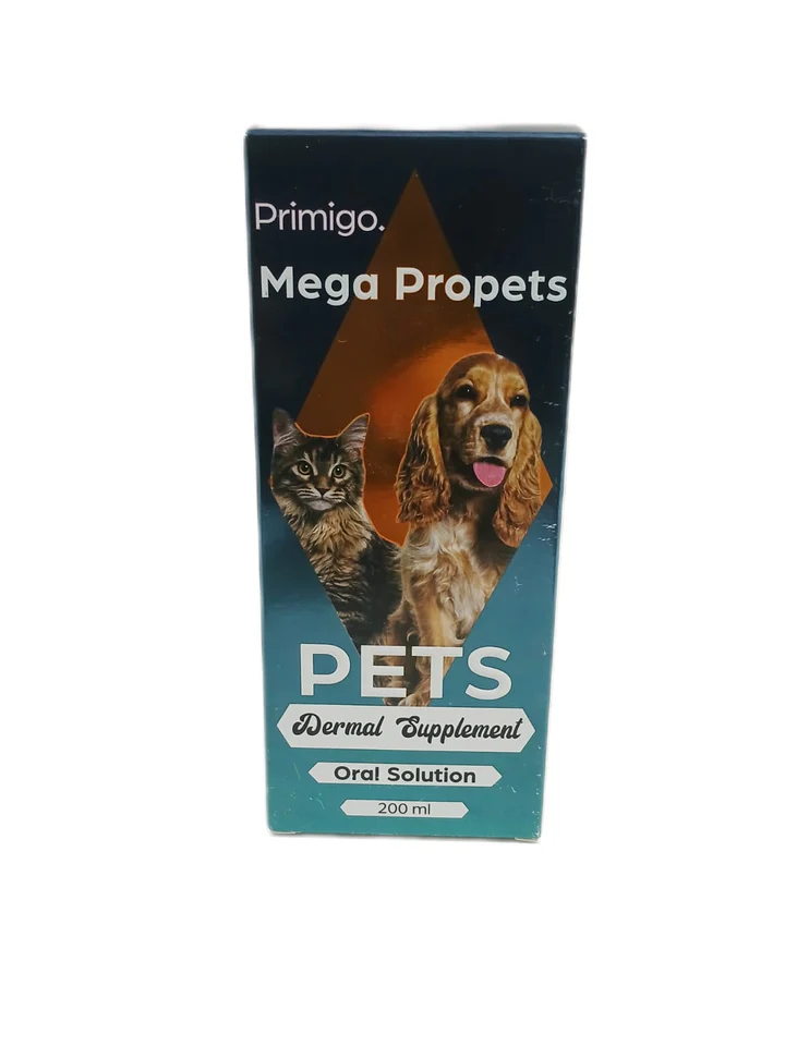 A 200ml box of Primigo Mega Propets Dermal Supplement, an oral solution formulated for the skin and coat health of dogs and cats.