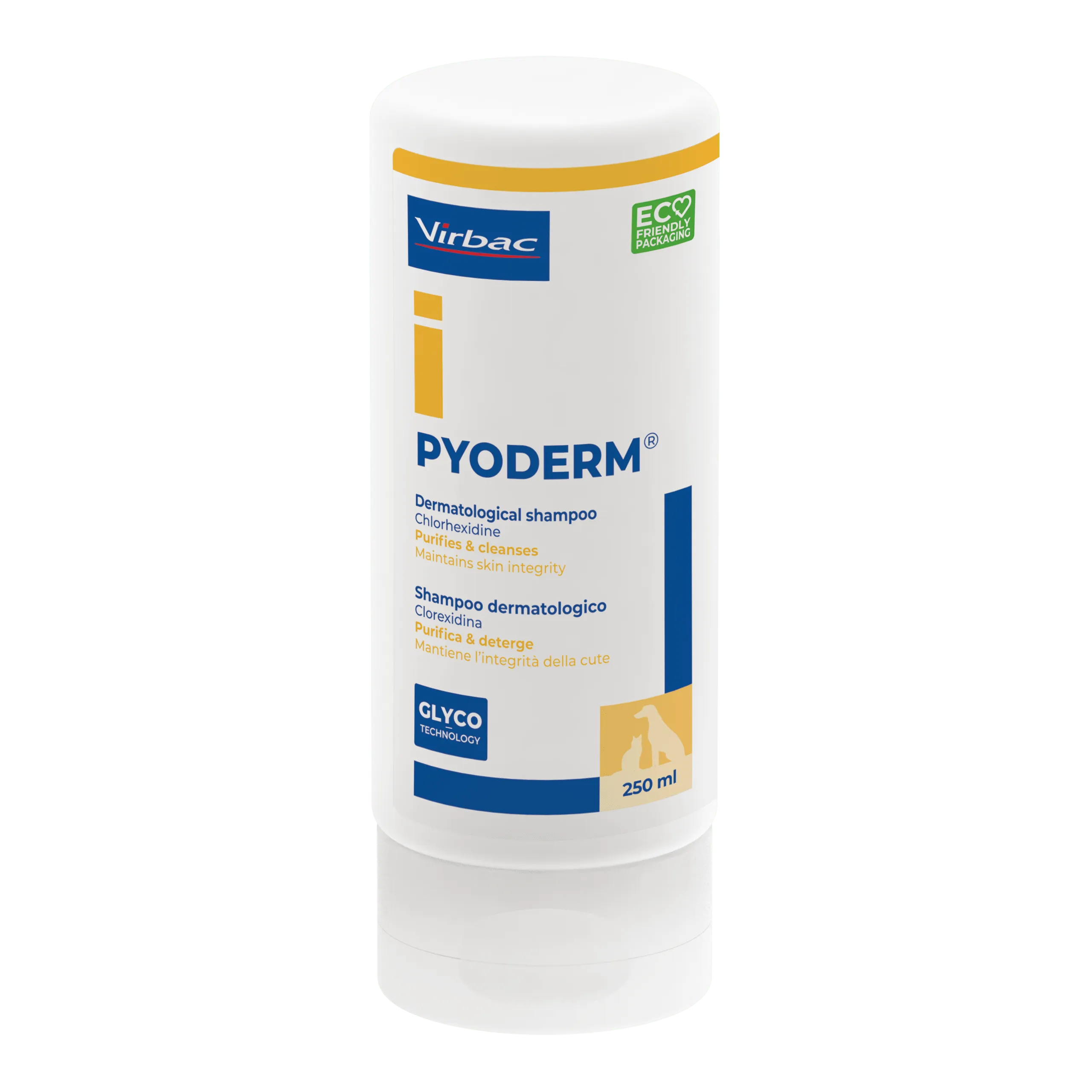 A 250ml white bottle of Virbac Pyoderm Dermatological Shampoo containing chlorhexidine for dogs and cats, featuring eco-friendly packaging.
