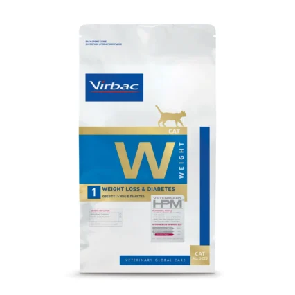A bag of Virbac W1 Weight Loss Cat Food, specially formulated for feline obesity, diabetes control, and joint support.