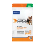 A recyclable bag of Virbac HPM Adult Small & Toy Dog Food, a high-protein carnivore diet formulated for the daily health of small and toy breed dogs.