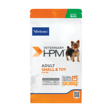 A recyclable bag of Virbac HPM Adult Small & Toy Dog Food, a high-protein carnivore diet formulated for the daily health of small and toy breed dogs.