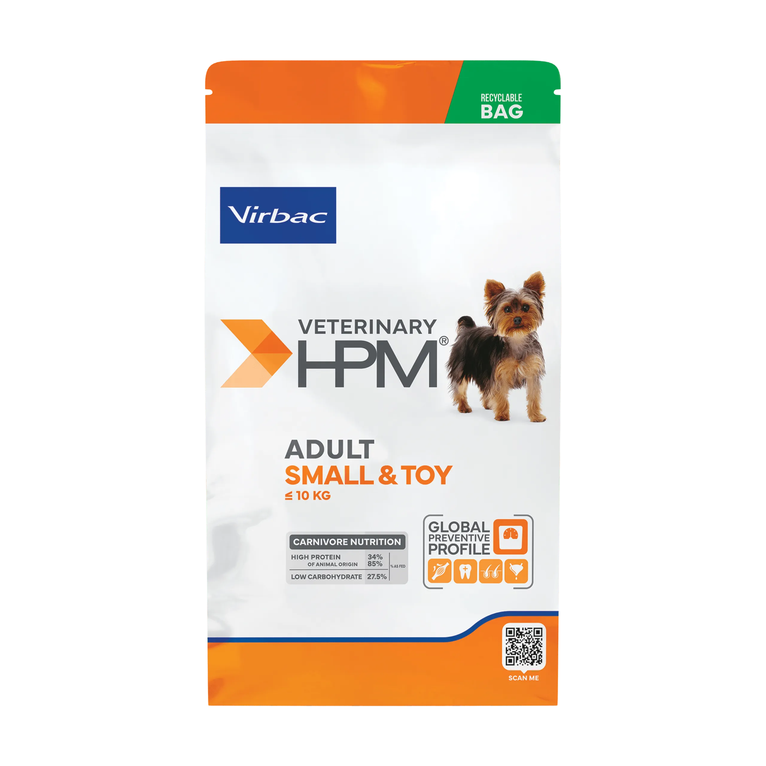 A recyclable bag of Virbac HPM Adult Small & Toy Dog Food, a high-protein carnivore diet formulated for the daily health of small and toy breed dogs.