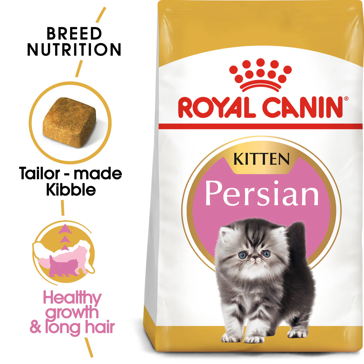 A bag of Royal Canin Persian Kitten Food, featuring tailor-made kibble for healthy growth and long hair in Persian kittens.