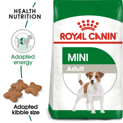 A bag of Royal Canin Mini Adult Dog Food, featuring adapted energy and an exclusive kibble size for small breed dogs.