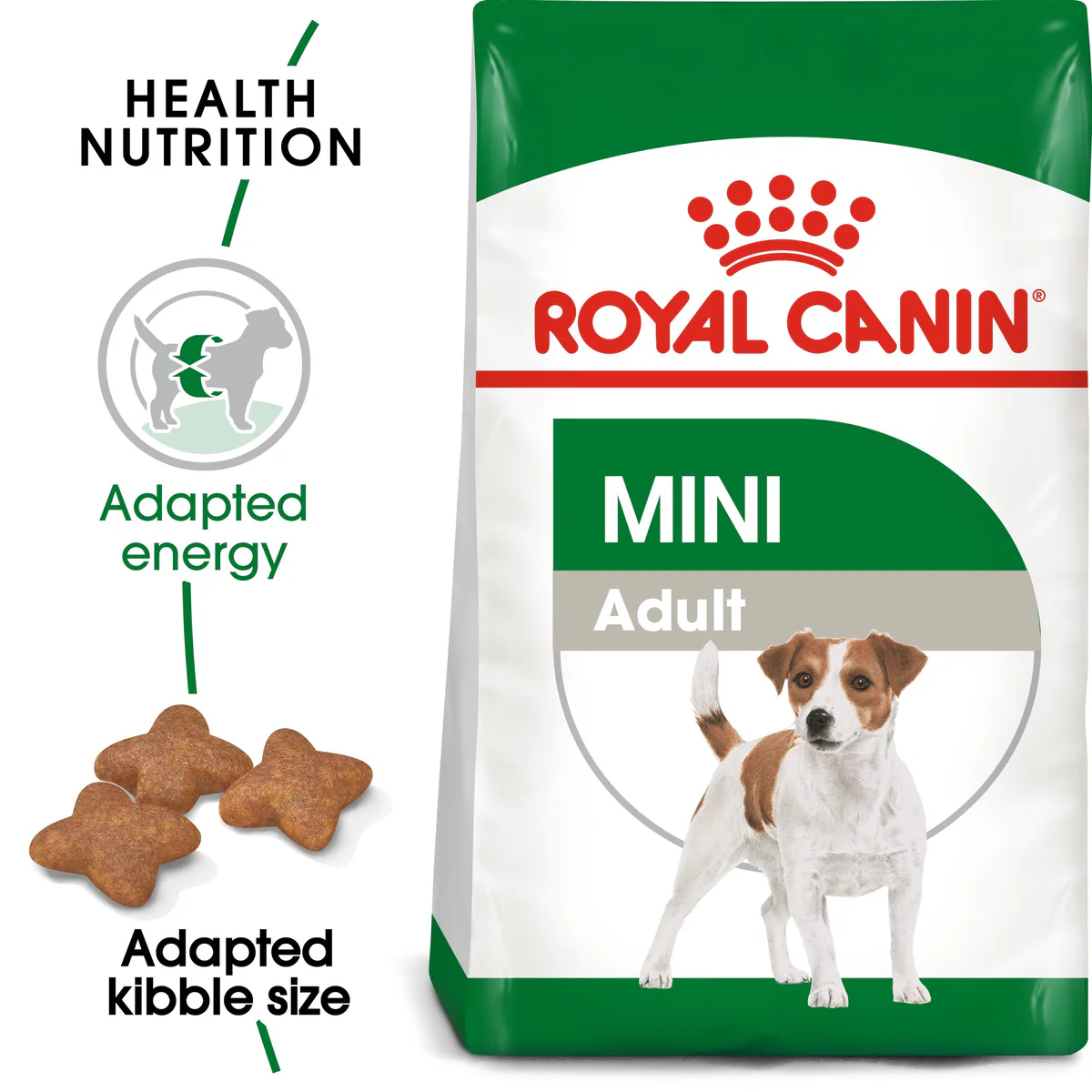 A bag of Royal Canin Mini Adult Dog Food, featuring adapted energy and an exclusive kibble size for small breed dogs.