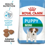 A bag of Royal Canin Puppy Mini Food, highlighting immune system support and an adapted kibble size for small breed puppies.