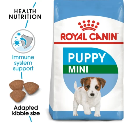 A bag of Royal Canin Puppy Mini Food, highlighting immune system support and an adapted kibble size for small breed puppies.