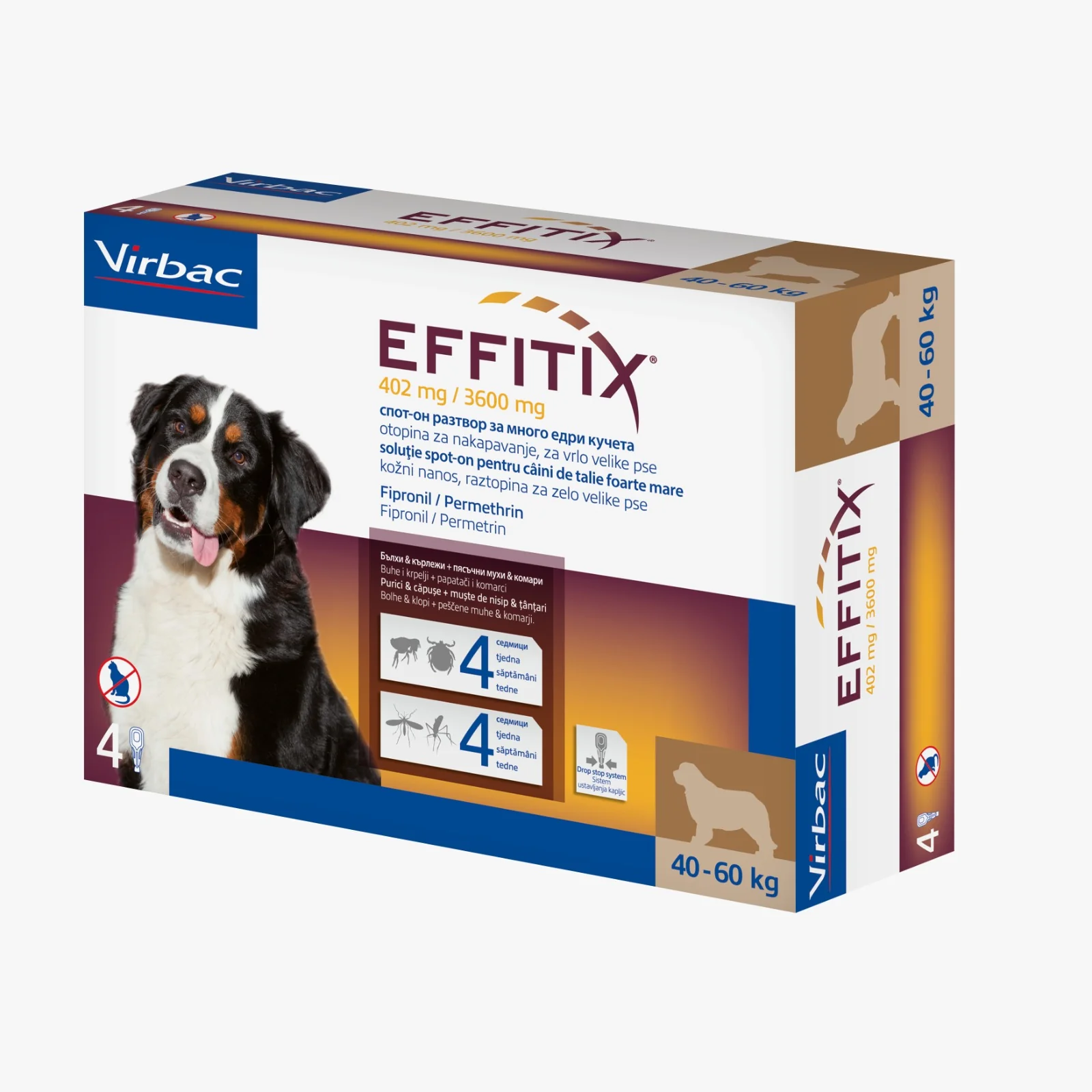 A box of Virbac Effitix Extra Large Dog (40 - 60 kg), a powerful spot-on treatment to kill fleas, ticks, and repel mosquitoes for giant breeds.