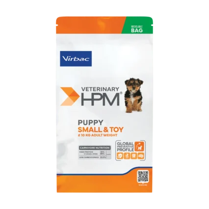 A recyclable bag of Virbac HPM Puppy Small & Toy Food, a high-protein carnivore diet formulated for the healthy growth of small and toy breed puppies.