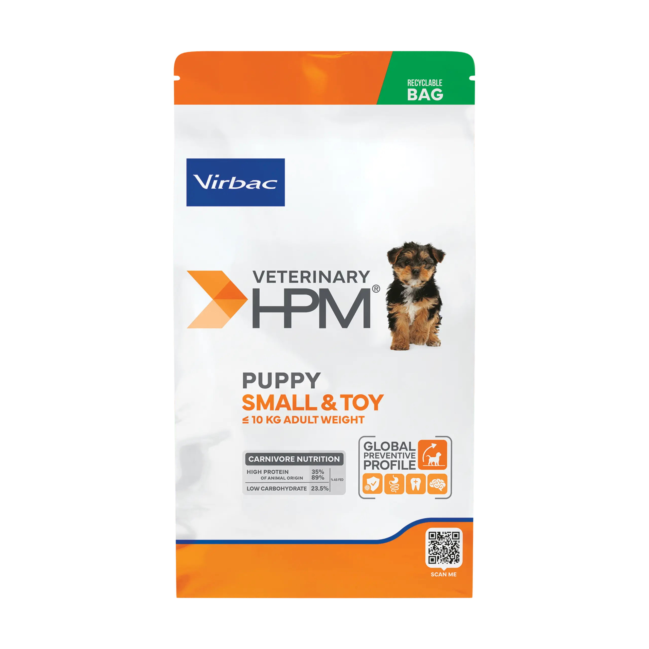 A recyclable bag of Virbac HPM Puppy Small & Toy Food, a high-protein carnivore diet formulated for the healthy growth of small and toy breed puppies.