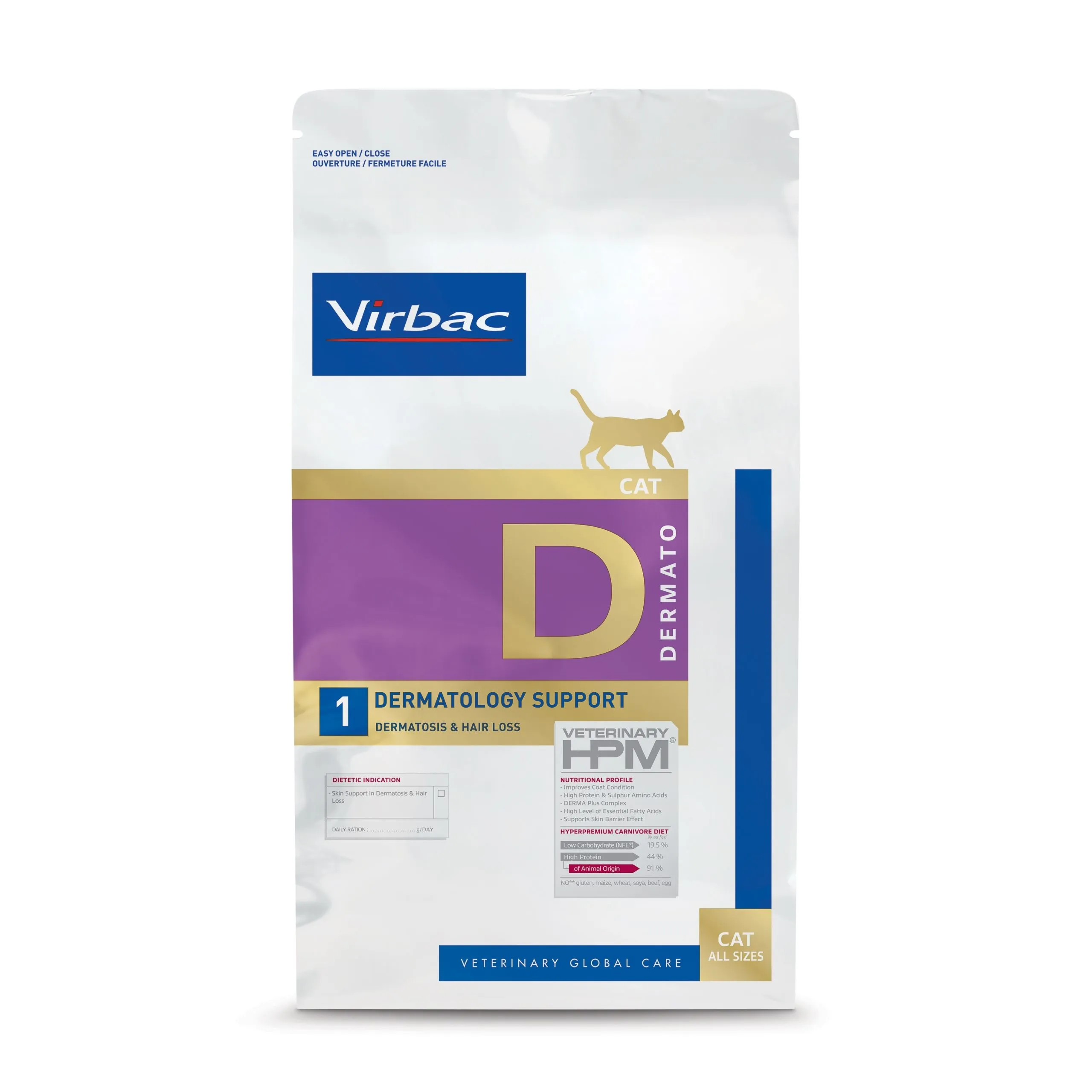 Front and back of a bag of Virbac D1 Dermatology Cat Food, formulated to support skin health, reduce hair loss, and improve coat condition in cats.