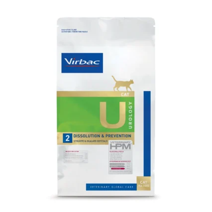 Bag of Virbac U2 Urology Cat Food designed for the dissolution and prevention of struvite and oxalate crystals in cats.