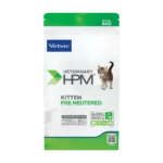 A recyclable bag of Virbac HPM Kitten Pre Neutered Food, a high-protein carnivore diet formulated for the healthy growth and immunity of young kittens.