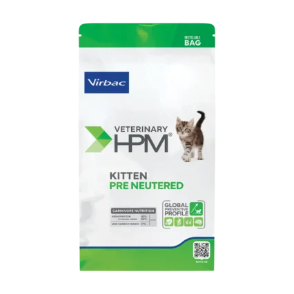 A recyclable bag of Virbac HPM Kitten Pre Neutered Food, a high-protein carnivore diet formulated for the healthy growth and immunity of young kittens.