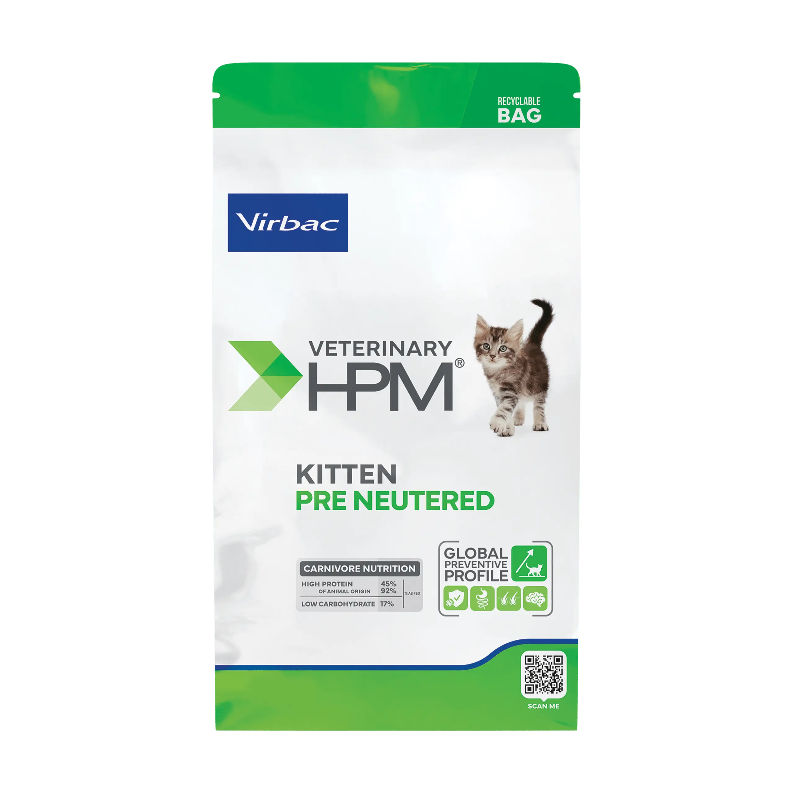 A recyclable bag of Virbac HPM Kitten Pre Neutered Food, a high-protein carnivore diet formulated for the healthy growth and immunity of young kittens.