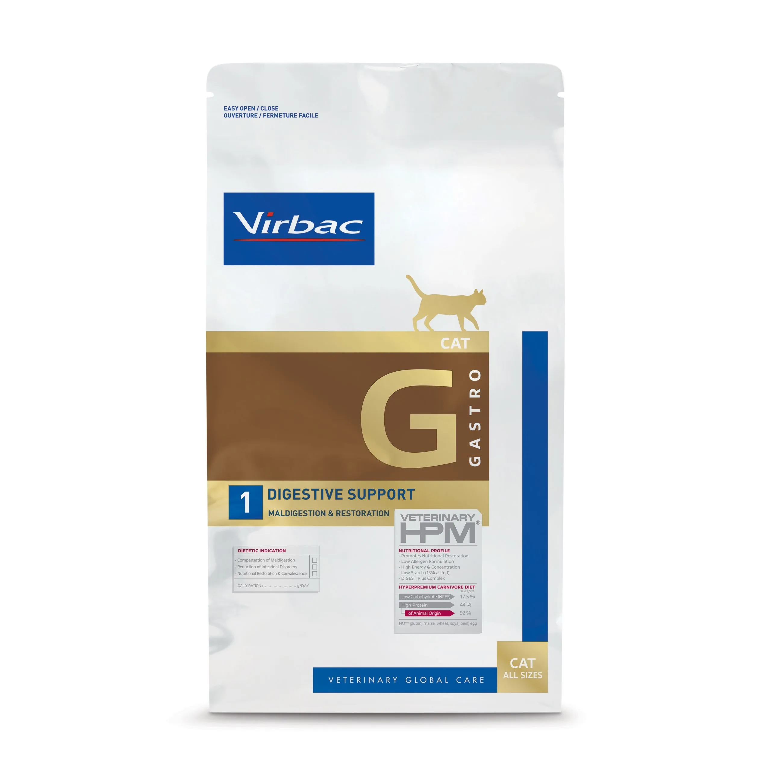 A bag of Virbac G1 Gastro Cat Food formulated to treat digestive issues and stomach upsets in cats.