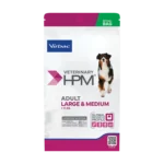 A recyclable bag of Virbac HPM Adult Large & Medium Dog Food, a high-protein carnivore diet formulated for the daily health and joint support of dogs over 11kg.
