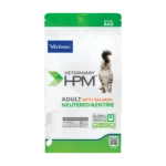 A recyclable bag of Virbac HPM Adult Cat Salmon, a high-protein carnivore diet formulated for the health of neutered and entire adult cats.