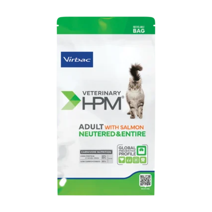 A recyclable bag of Virbac HPM Adult Cat Salmon, a high-protein carnivore diet formulated for the health of neutered and entire adult cats.