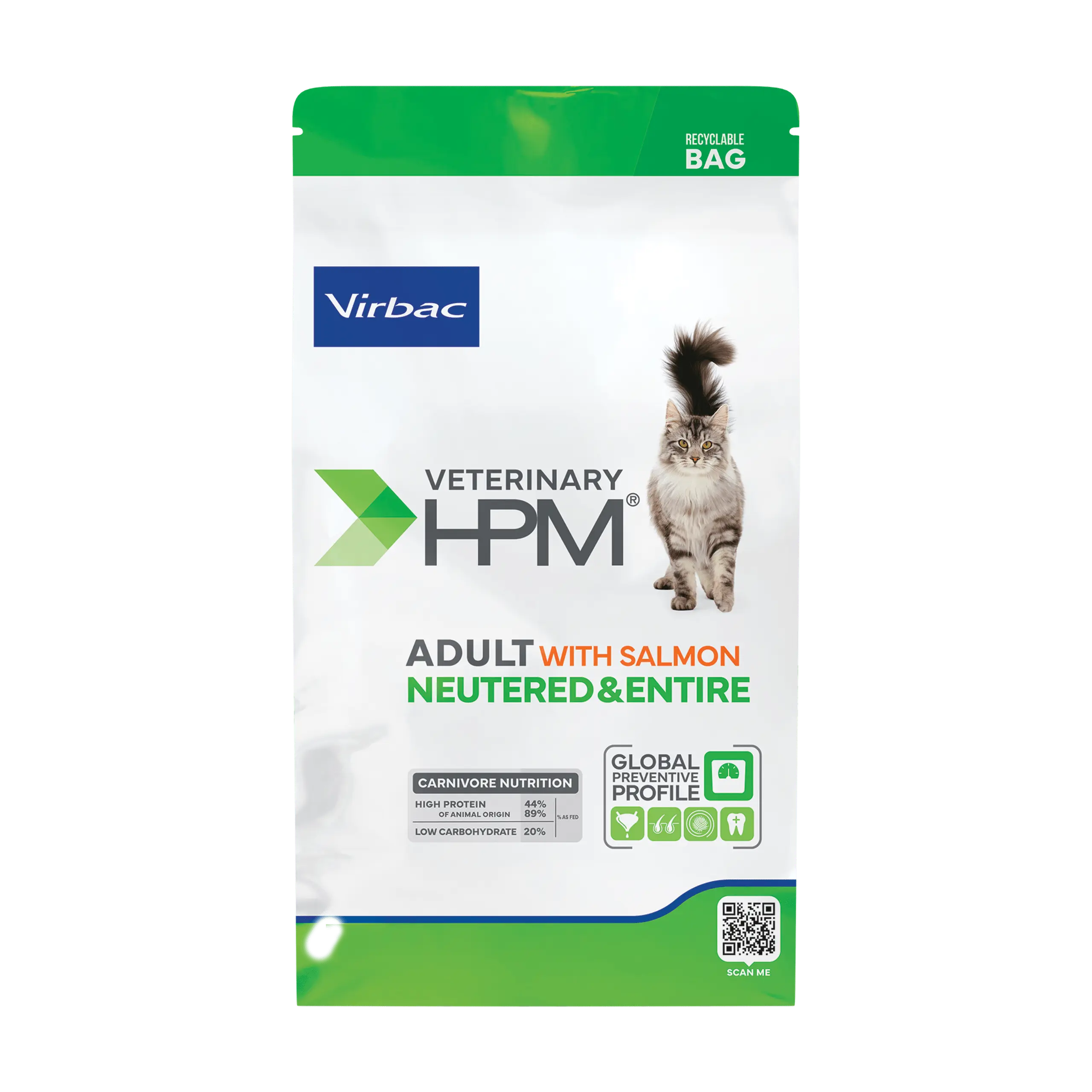 A recyclable bag of Virbac HPM Adult Cat Salmon, a high-protein carnivore diet formulated for the health of neutered and entire adult cats.