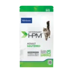 A recyclable bag of Virbac HPM Adult Neutered Cat Food, a high-protein carnivore diet formulated for weight control and urinary health in sterilized cats.