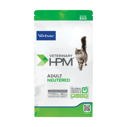 A recyclable bag of Virbac HPM Adult Neutered Cat Food, a high-protein carnivore diet formulated for weight control and urinary health in sterilized cats.