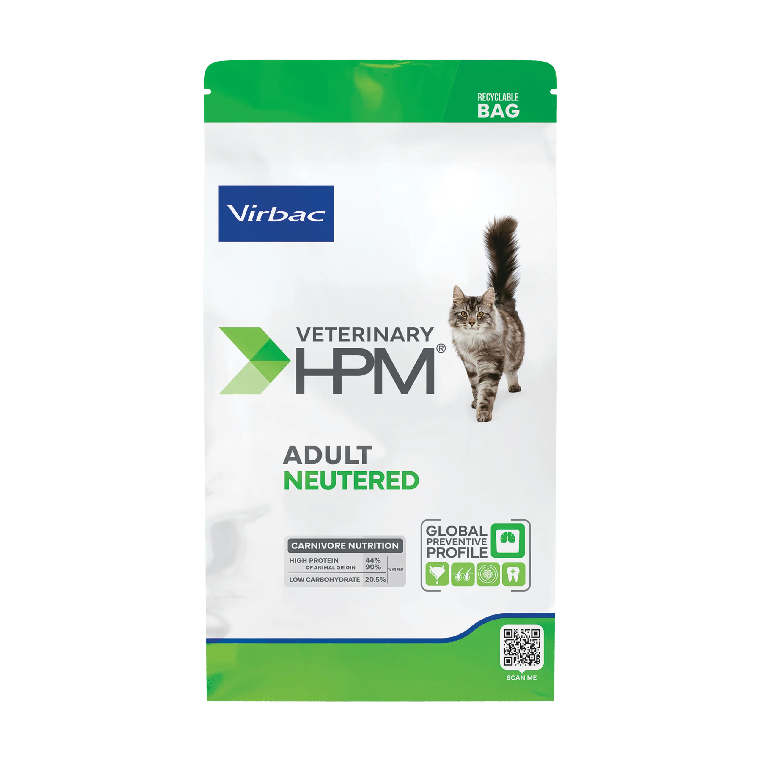 A recyclable bag of Virbac HPM Adult Neutered Cat Food, a high-protein carnivore diet formulated for weight control and urinary health in sterilized cats.